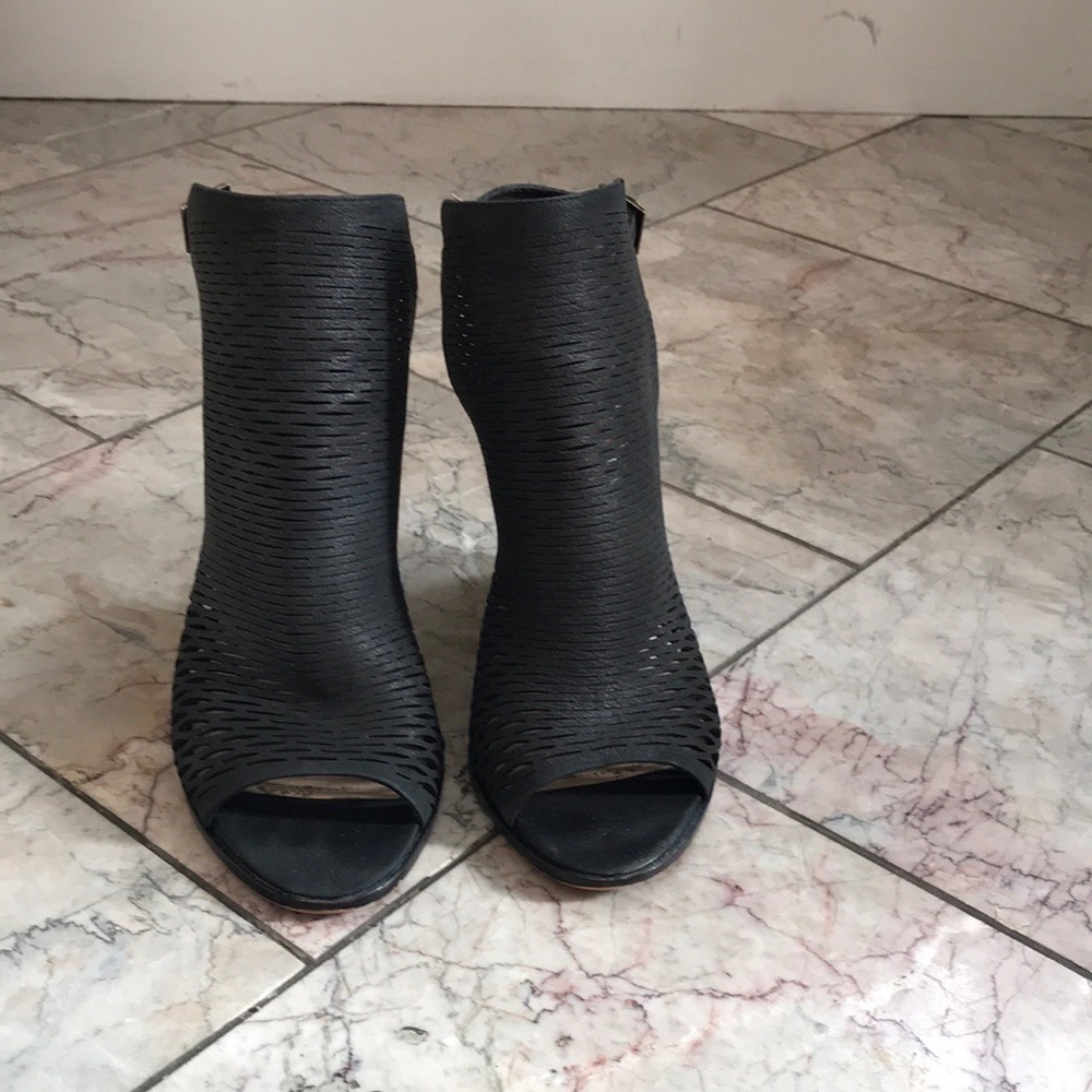 Black Vince Camuto Laser Cut Stacked Heel Booties